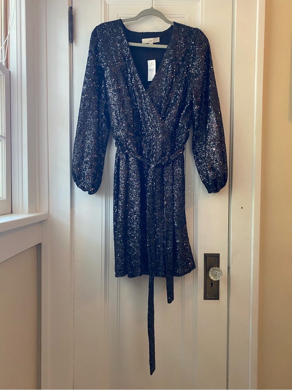 NWT Loft black sequin party mini dress stretch waist sash belt 12